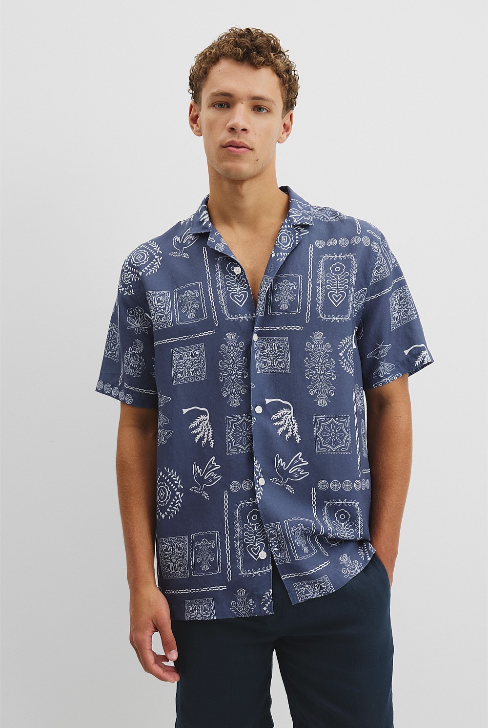 Short Sleeve Tencel Linen Stamp Print Shirt