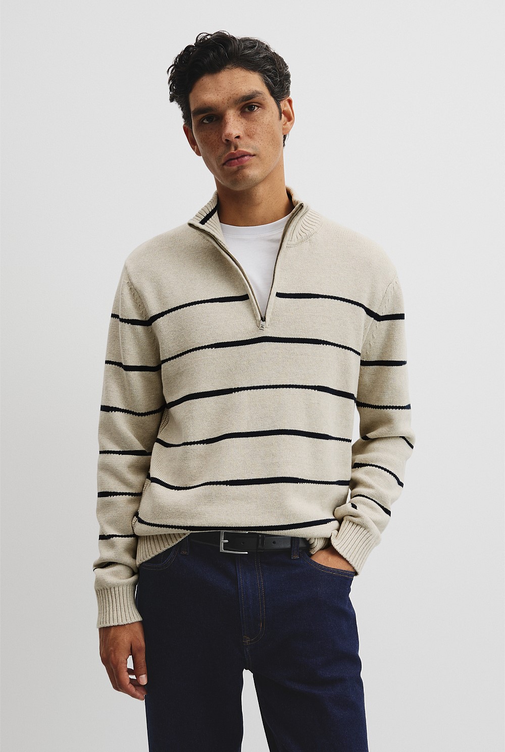 Australian Good Earth Cotton Half Zip Stripe Knit