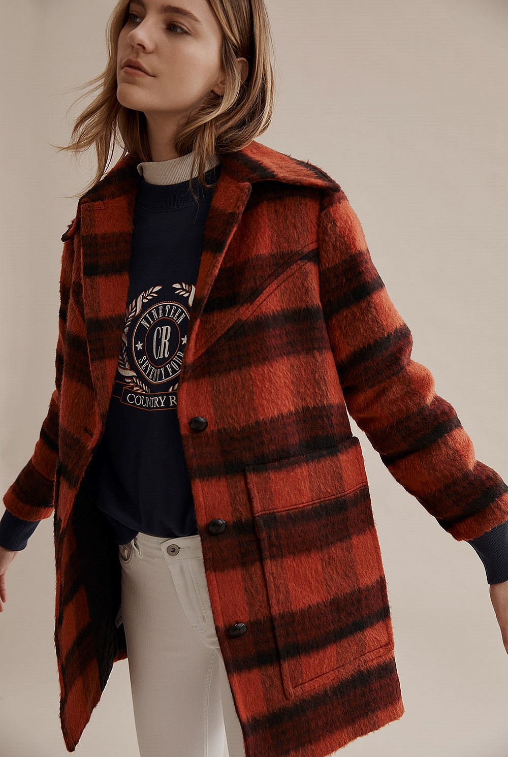 Check Wool Blend Coat