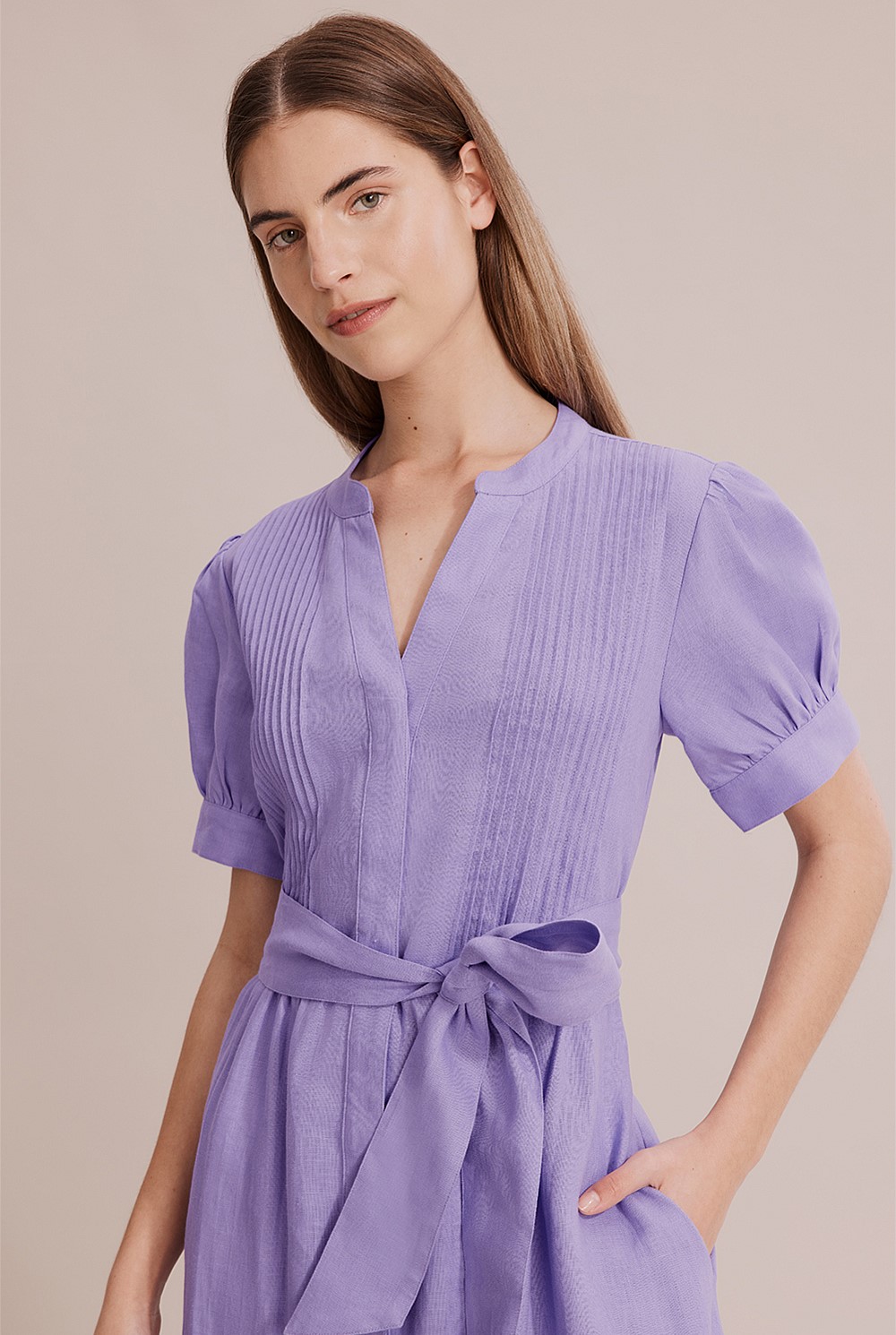 Linen Pin Tuck Midi Dress
