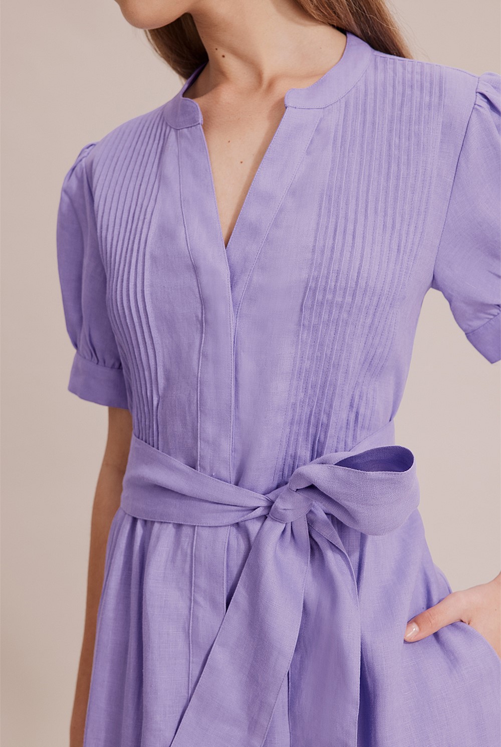 Linen Pin Tuck Midi Dress