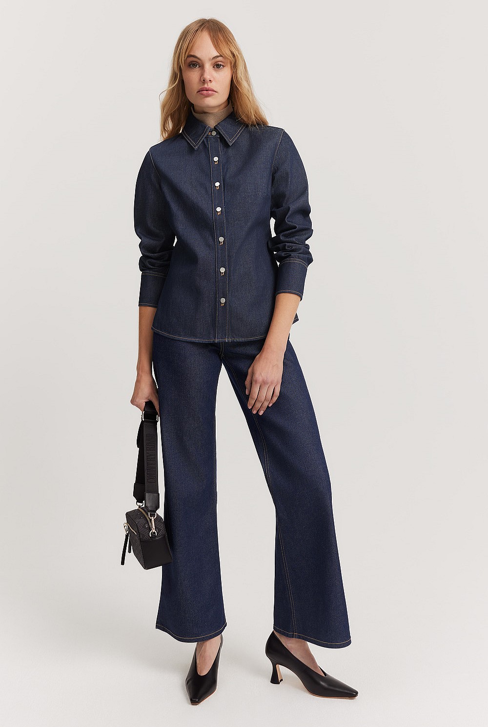 Cotton Blend Fitted Denim Shirt
