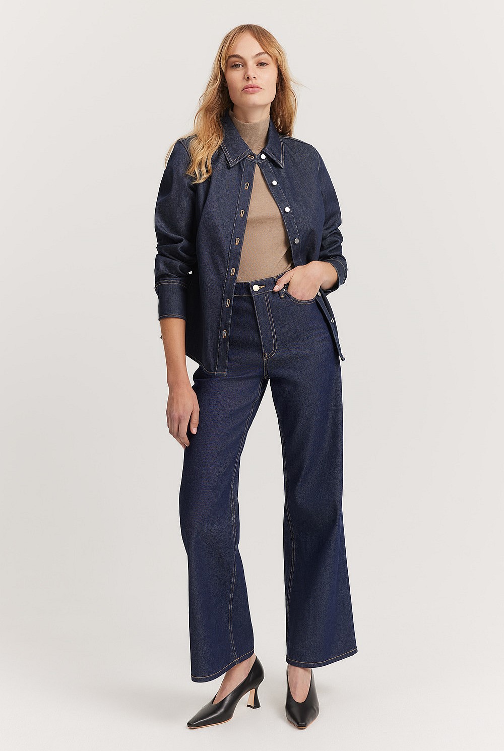 Cotton Blend Fitted Denim Shirt