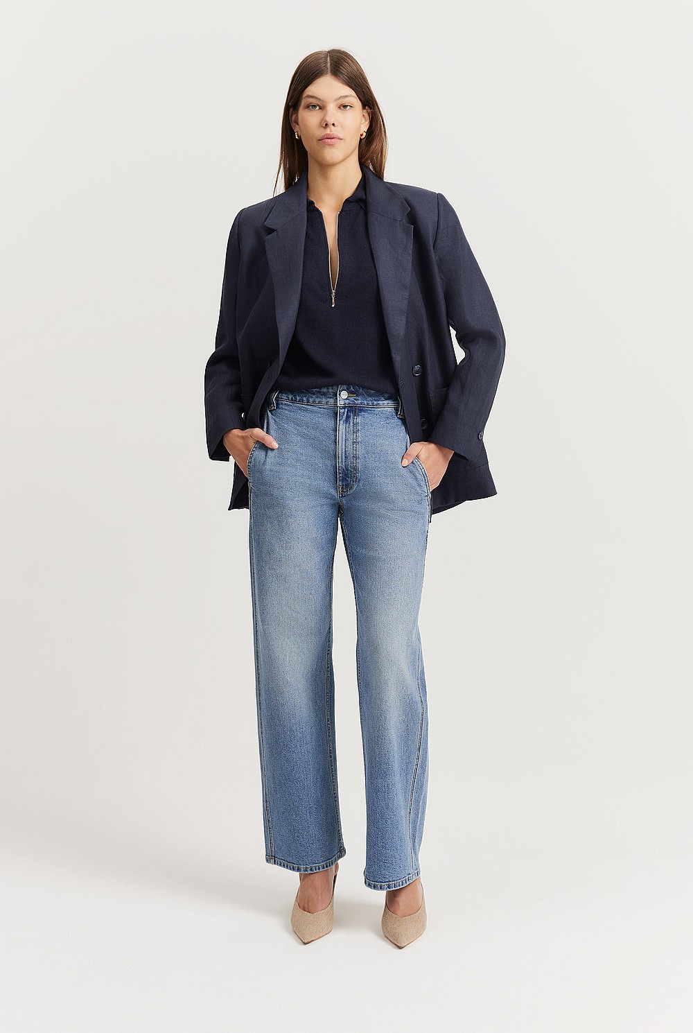 Cotton Blend High Rise Wide Leg Jean