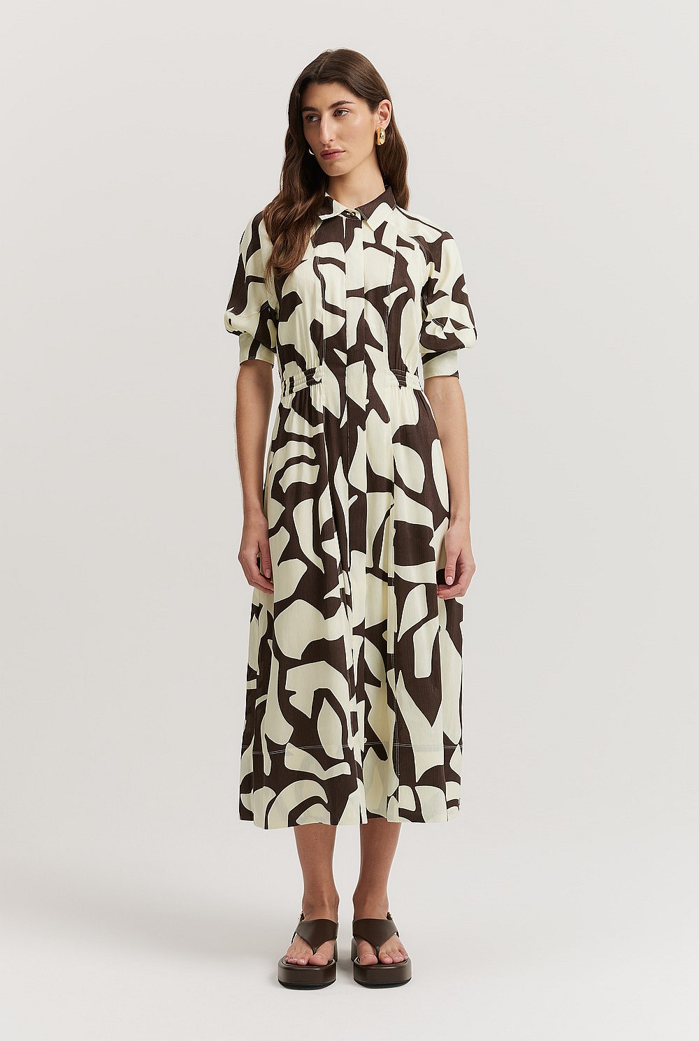 Organically Grown Linen Blend Print Cinched Shirt Dress