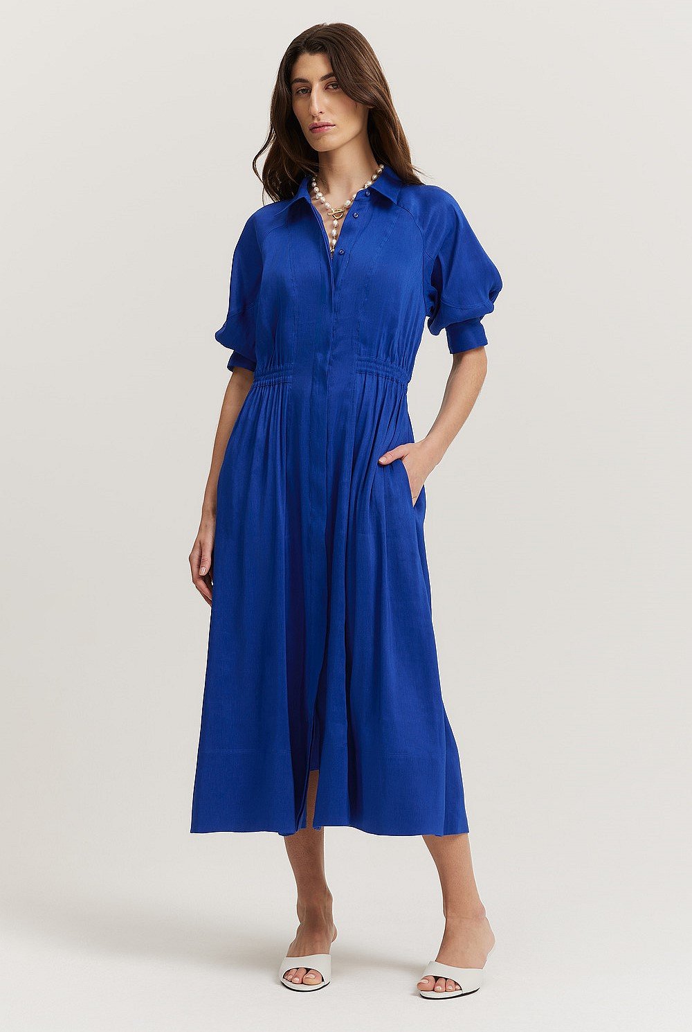 Organically Grown Linen Blend Fluid Cinched Shirt Dress