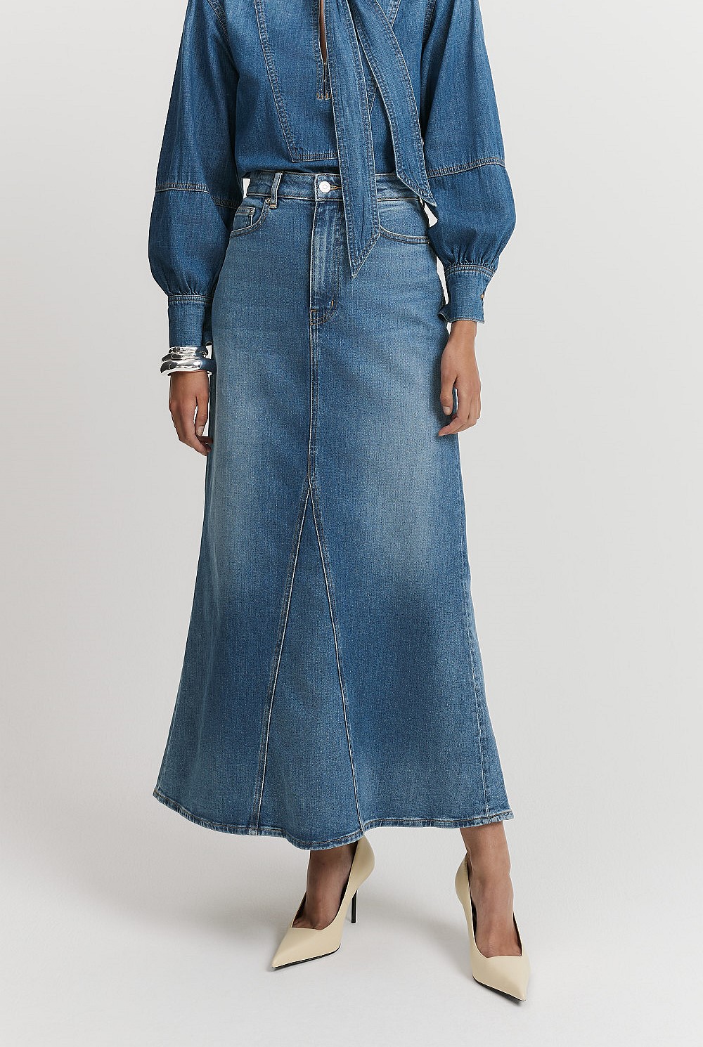 Godet Detail Denim Skirt