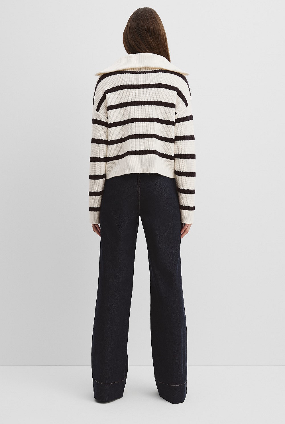 Cotton Blend Stripe Zip Neck Rib Knit