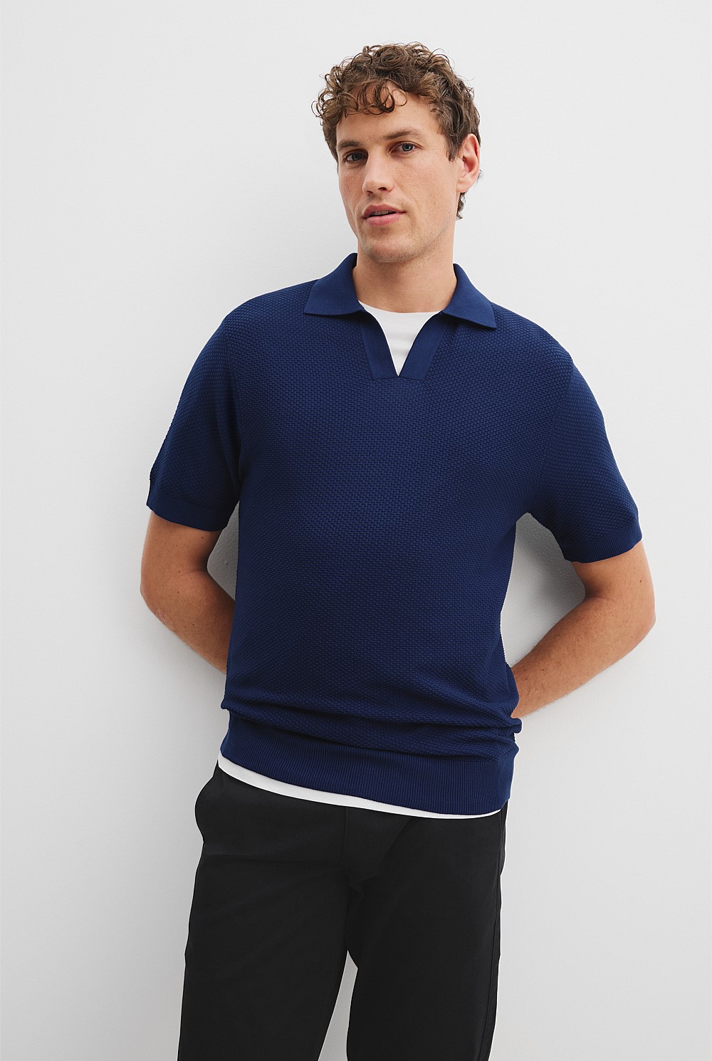 Cotton Silk Open Neck Knit Polo