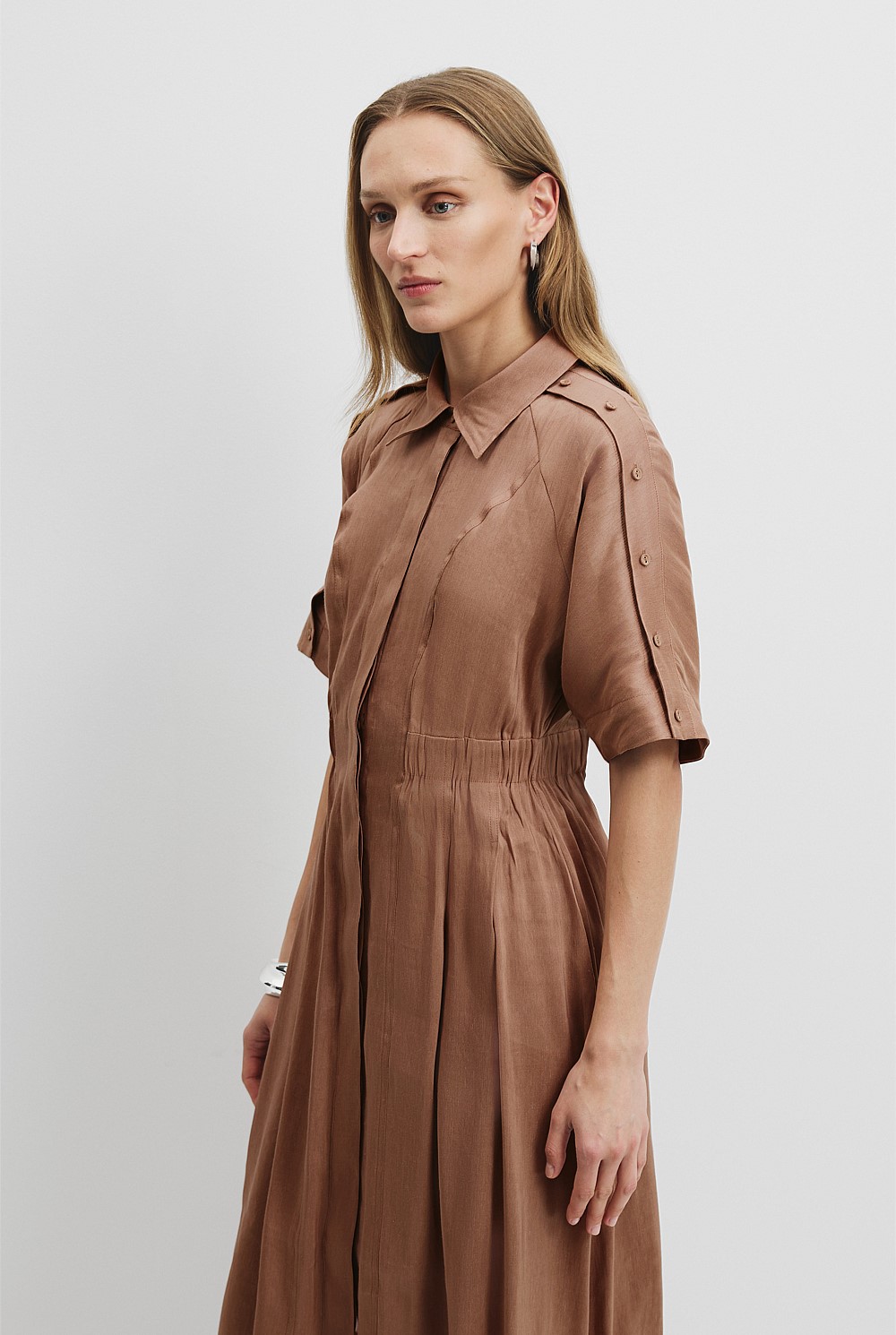 Organically Grown Linen Blend Cinched Print Shirt Dress