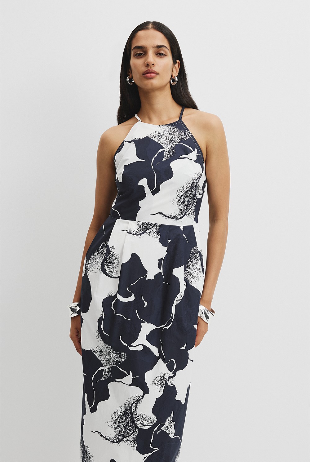 Organically Grown Cotton Print Apron Detail Midi Dress