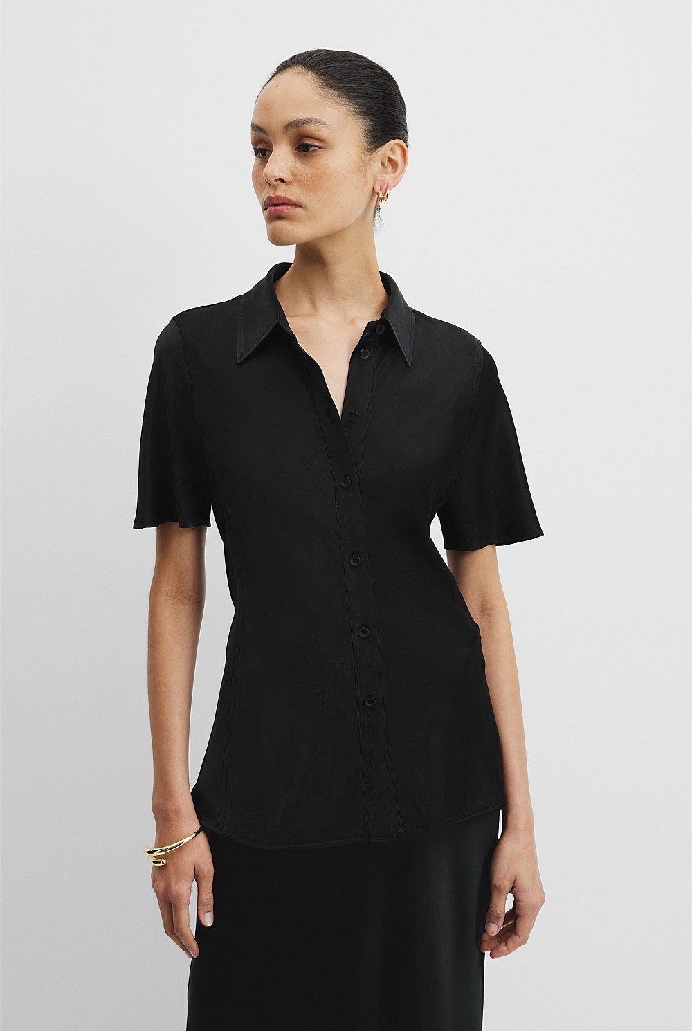 Satin Short Sleeve Fitted Shirt