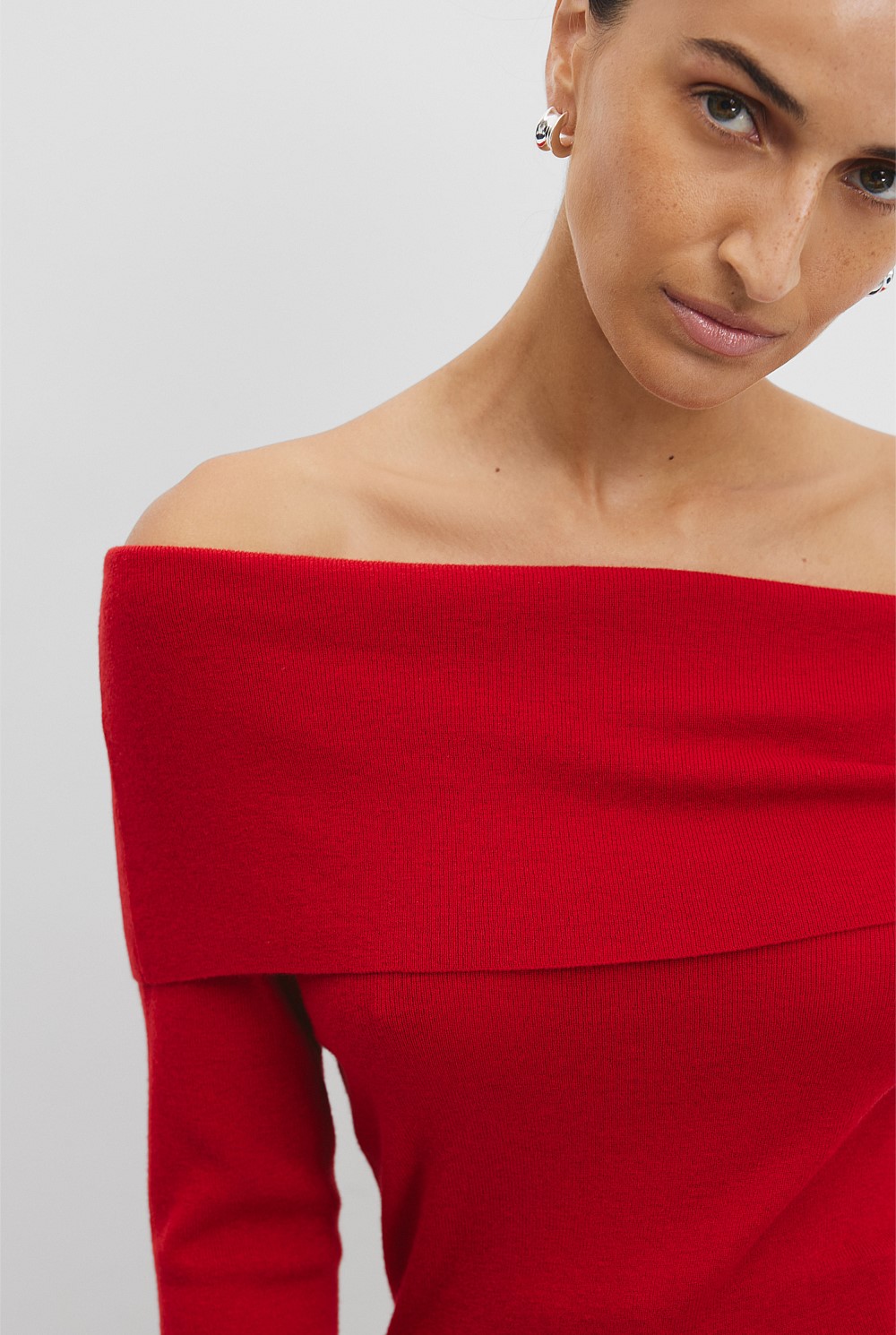 Australian Merino Wool Silk Off-Shoulder Detail Knit