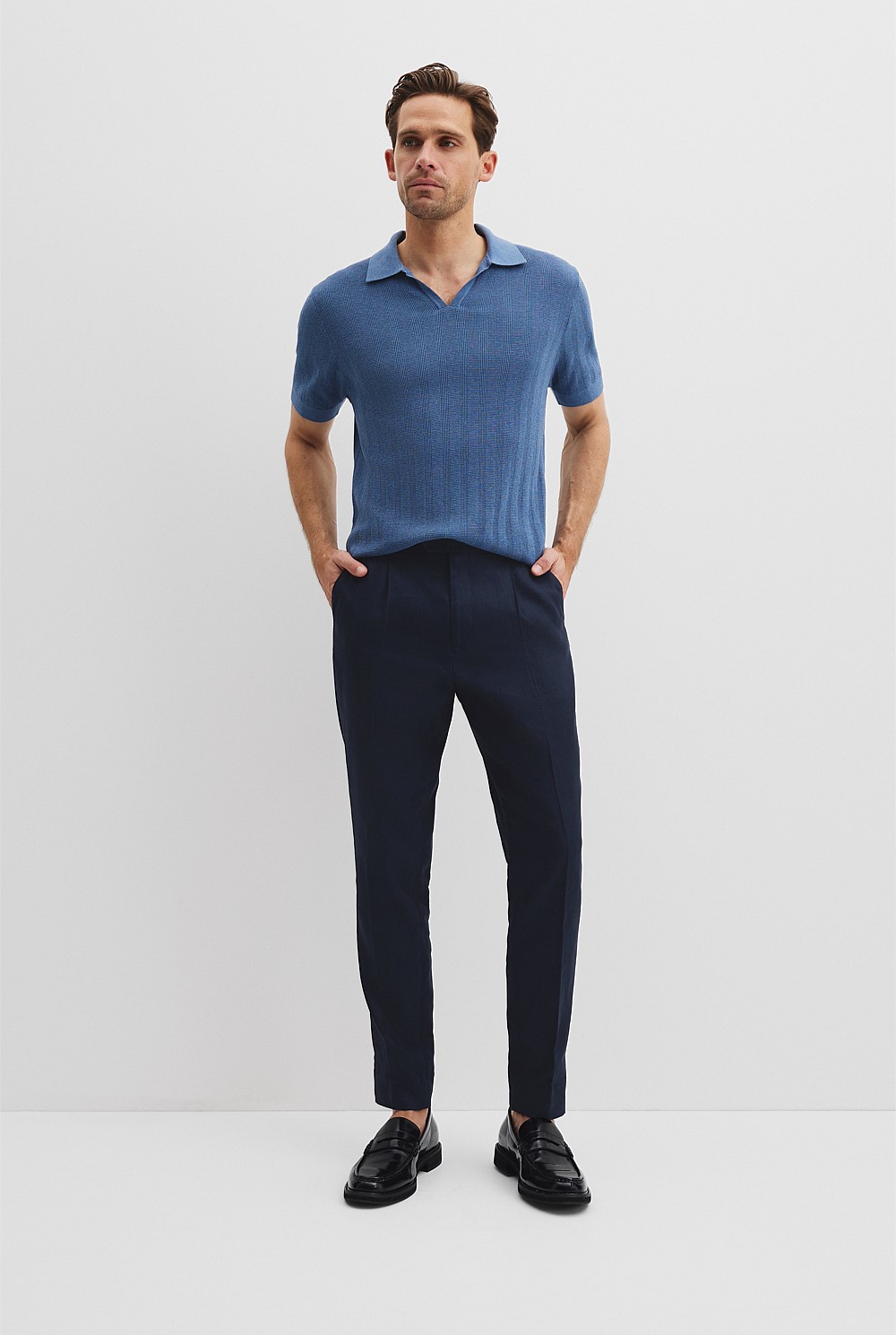 Cotton Silk Stripe Open Neck Polo