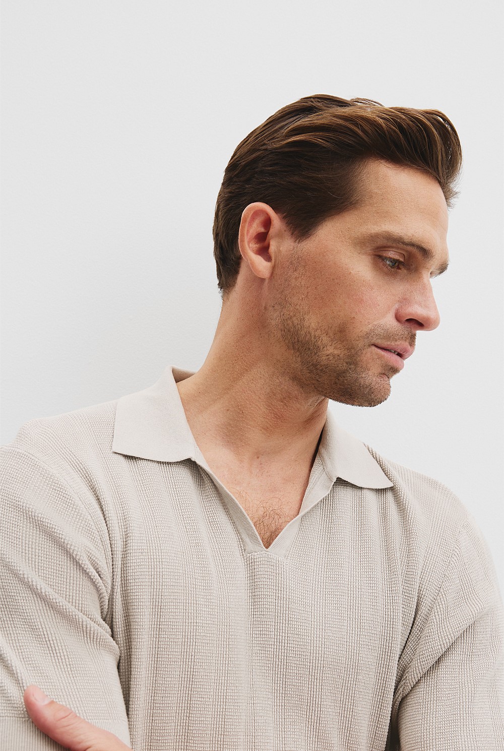 Cotton Silk Stripe Open Neck Polo