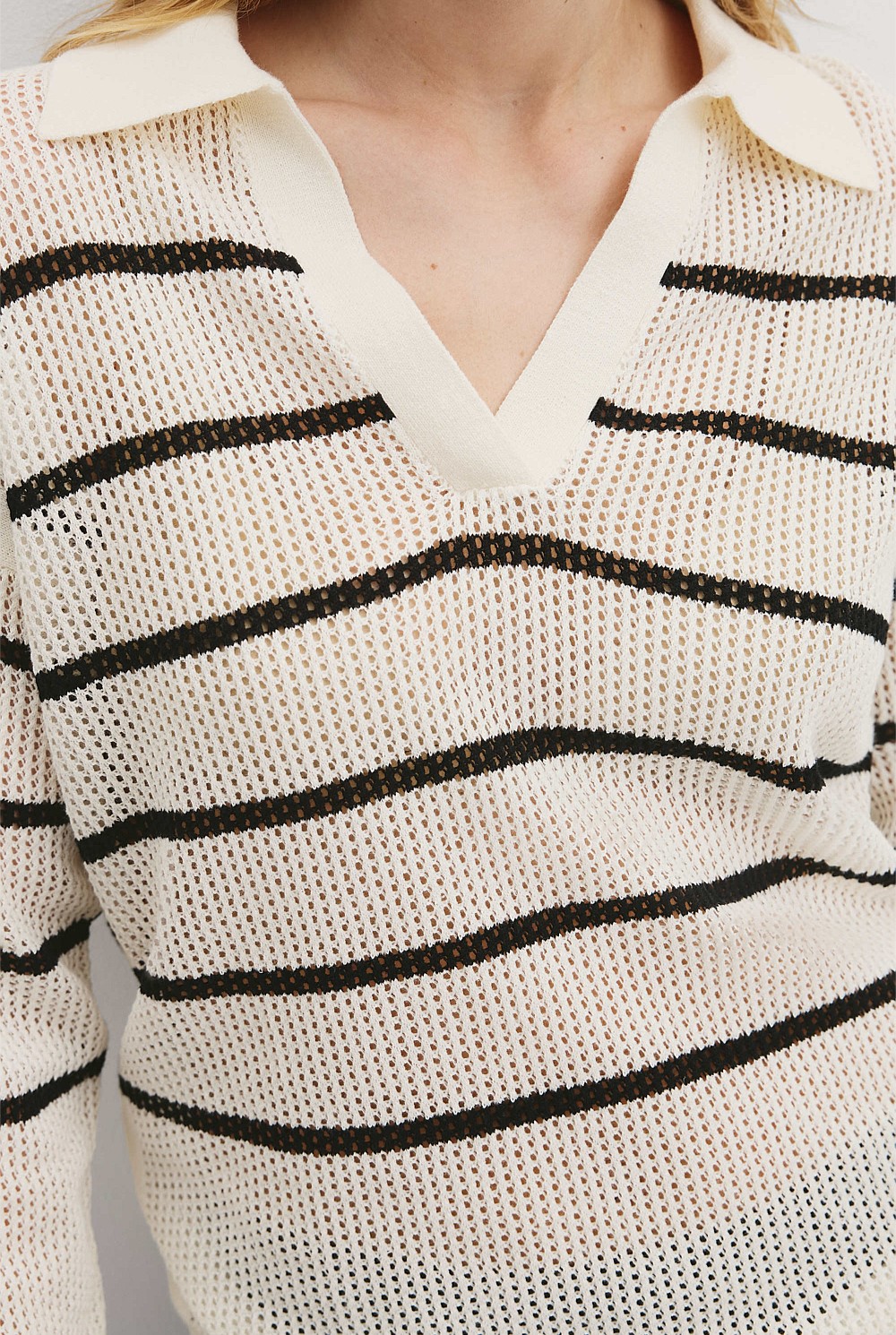 Organically Grown Cotton Linen Stripe Mesh Long Sleeve Polo Knit