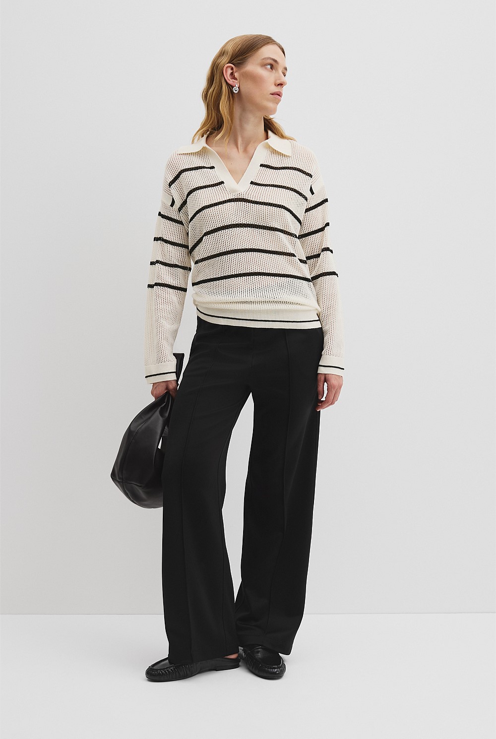 Organically Grown Cotton Linen Stripe Mesh Long Sleeve Polo Knit