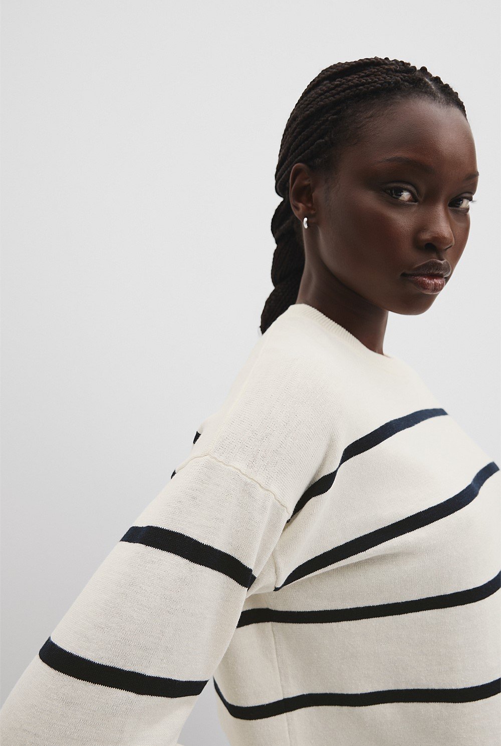 Organically Grown Cotton Linen Stripe Crew Neck Knit