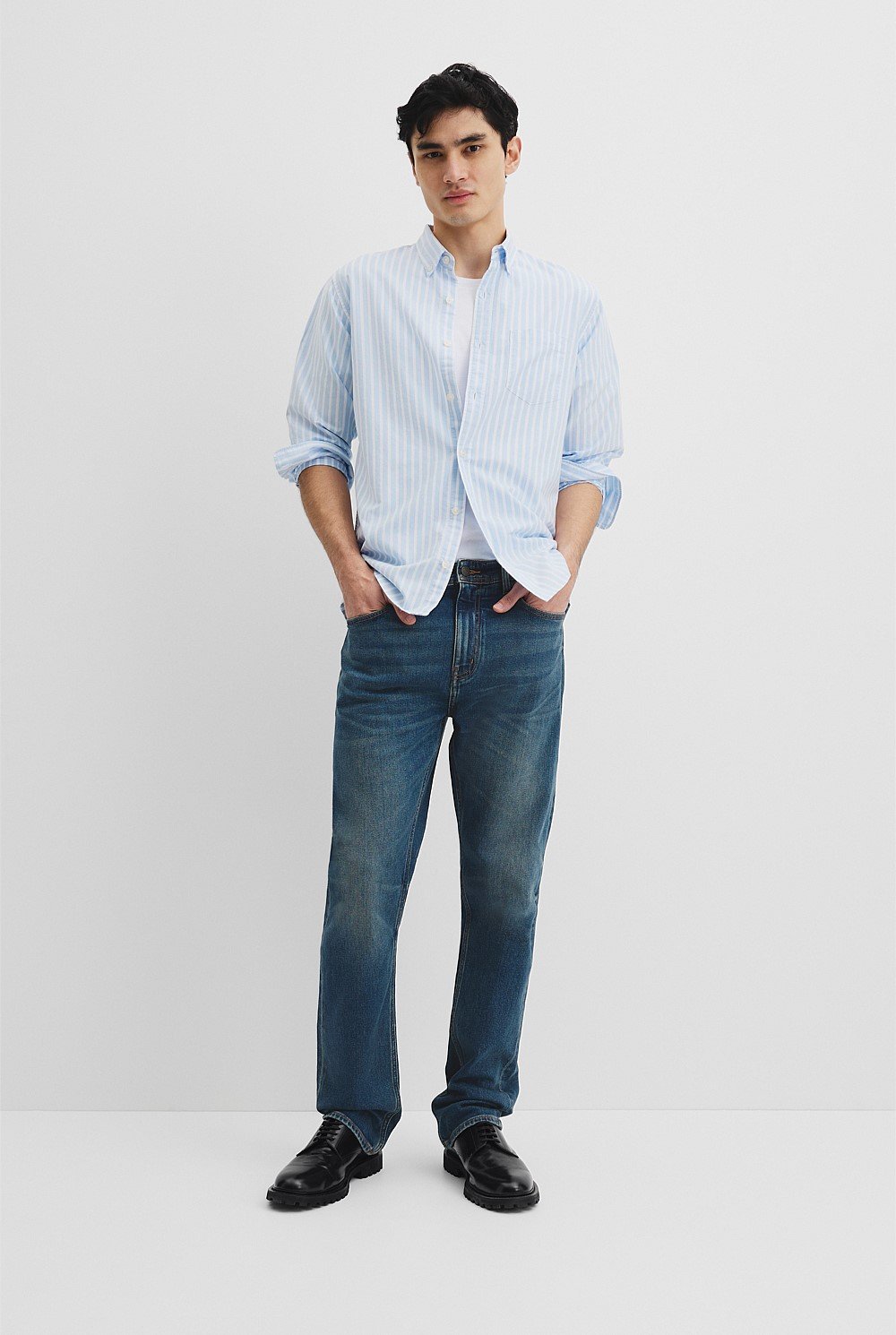 Long Sleeve Regular Fit Australian Good Earth Cotton Stripe Oxford Shirt