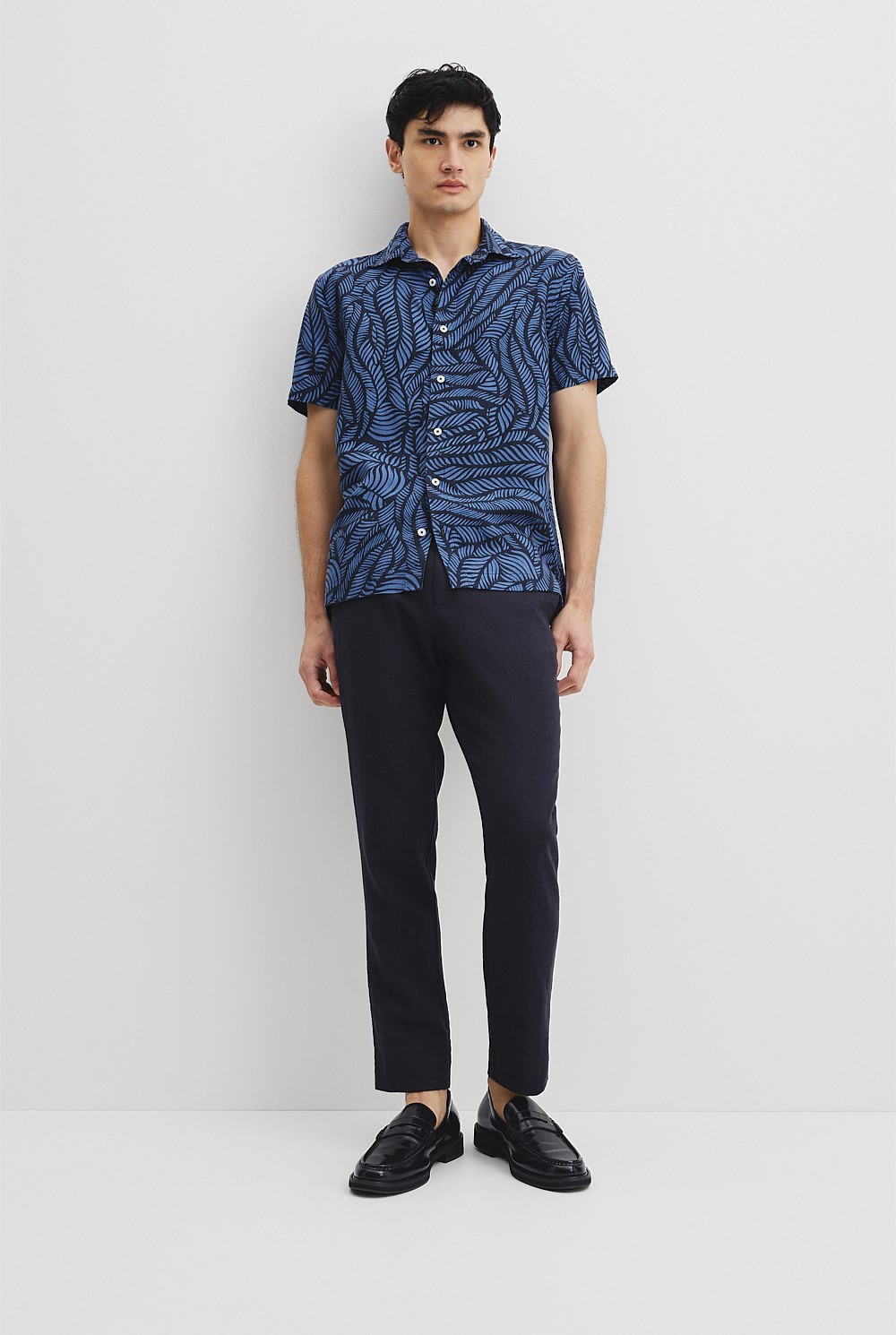 Short Sleeve Leaf Tencel Linen Shirt