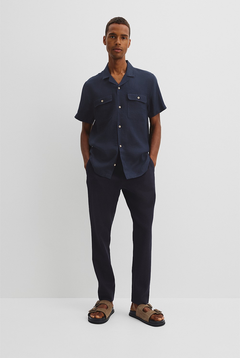 Double Pocket Textured Linen Short Sleeve Shirt