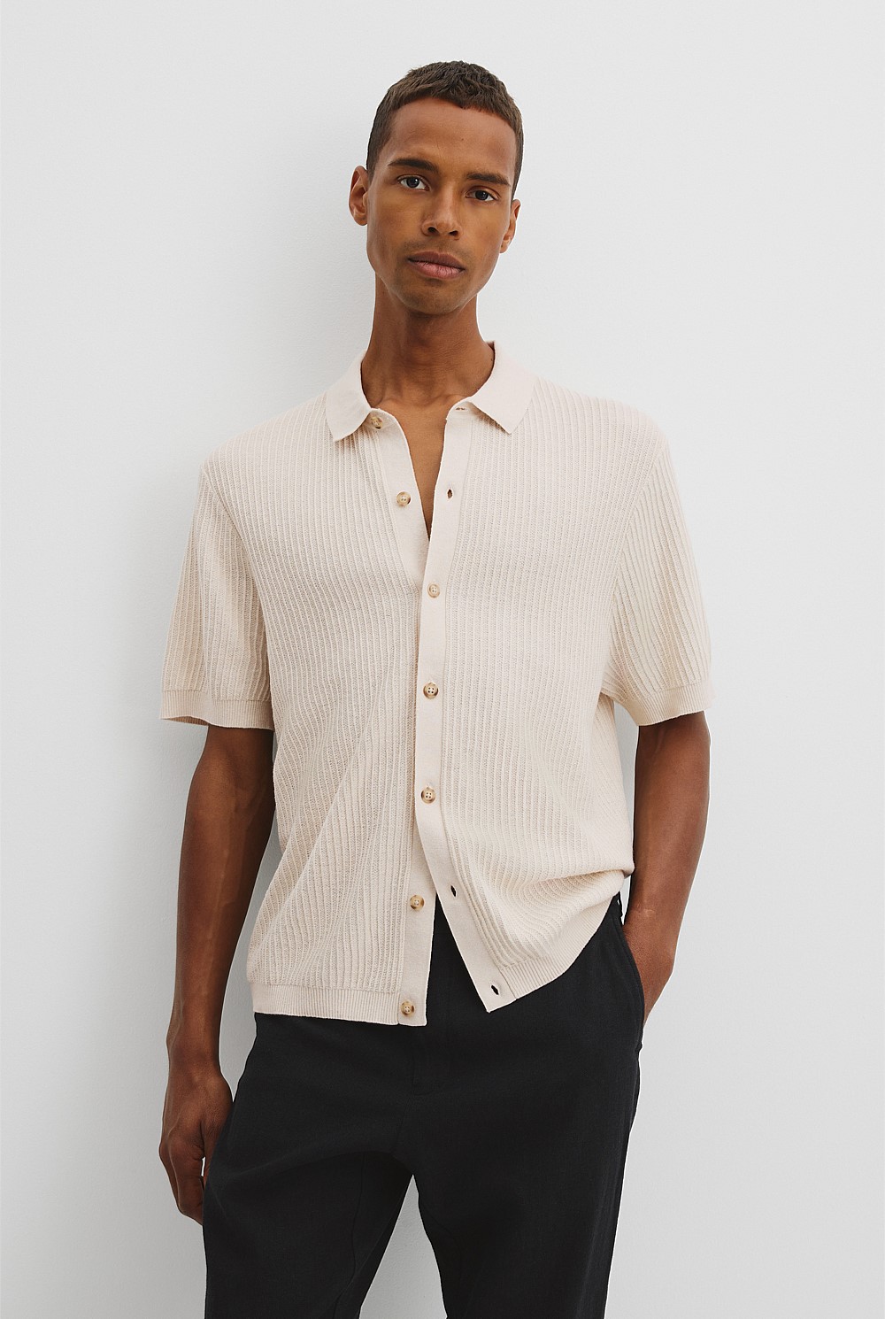 Short Sleeve Cotton Linen Knit Shirt