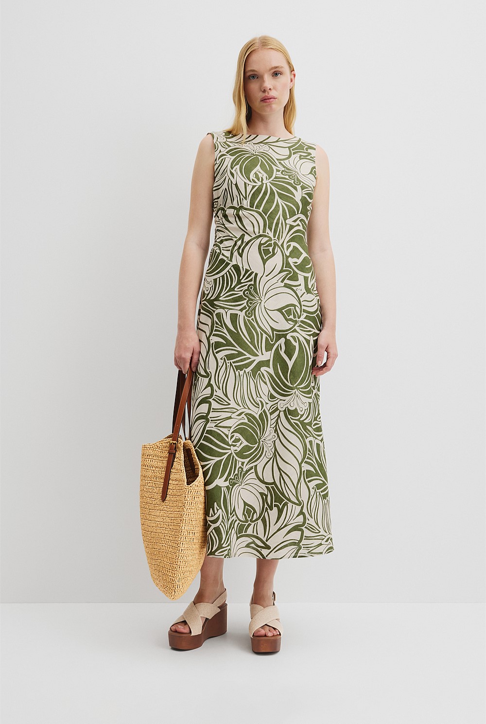 Organically Grown Linen Print Rouched Maxi Dress