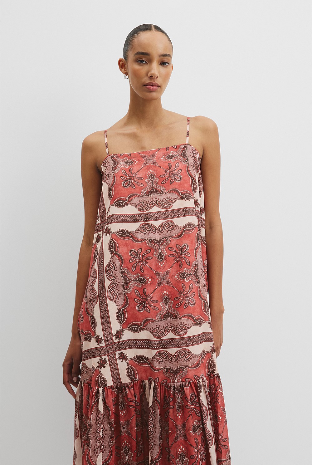 Australian Good Earth Cotton Print Tiered Slip Dress