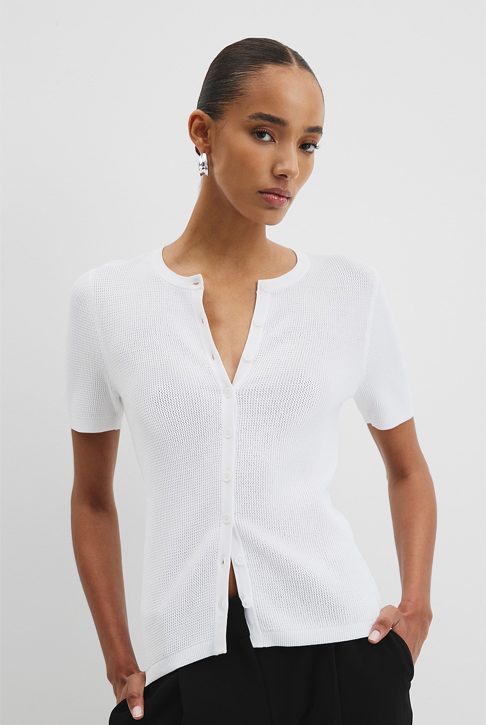 Waffle Short Sleeve Button Knit