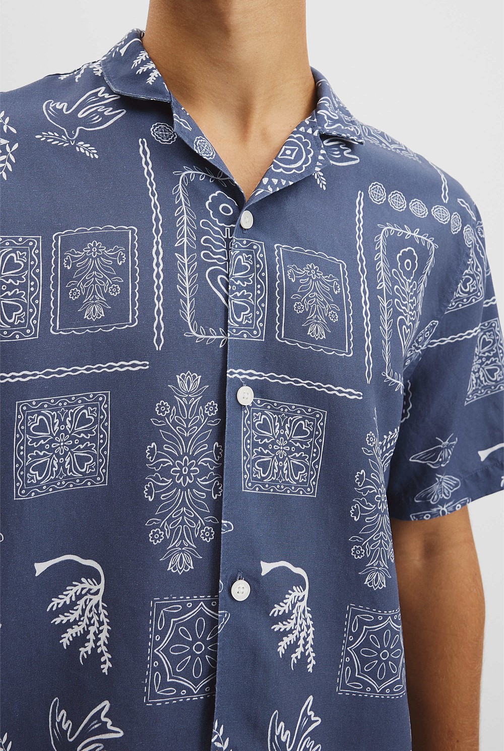 Short Sleeve Tencel Linen Stamp Print Shirt