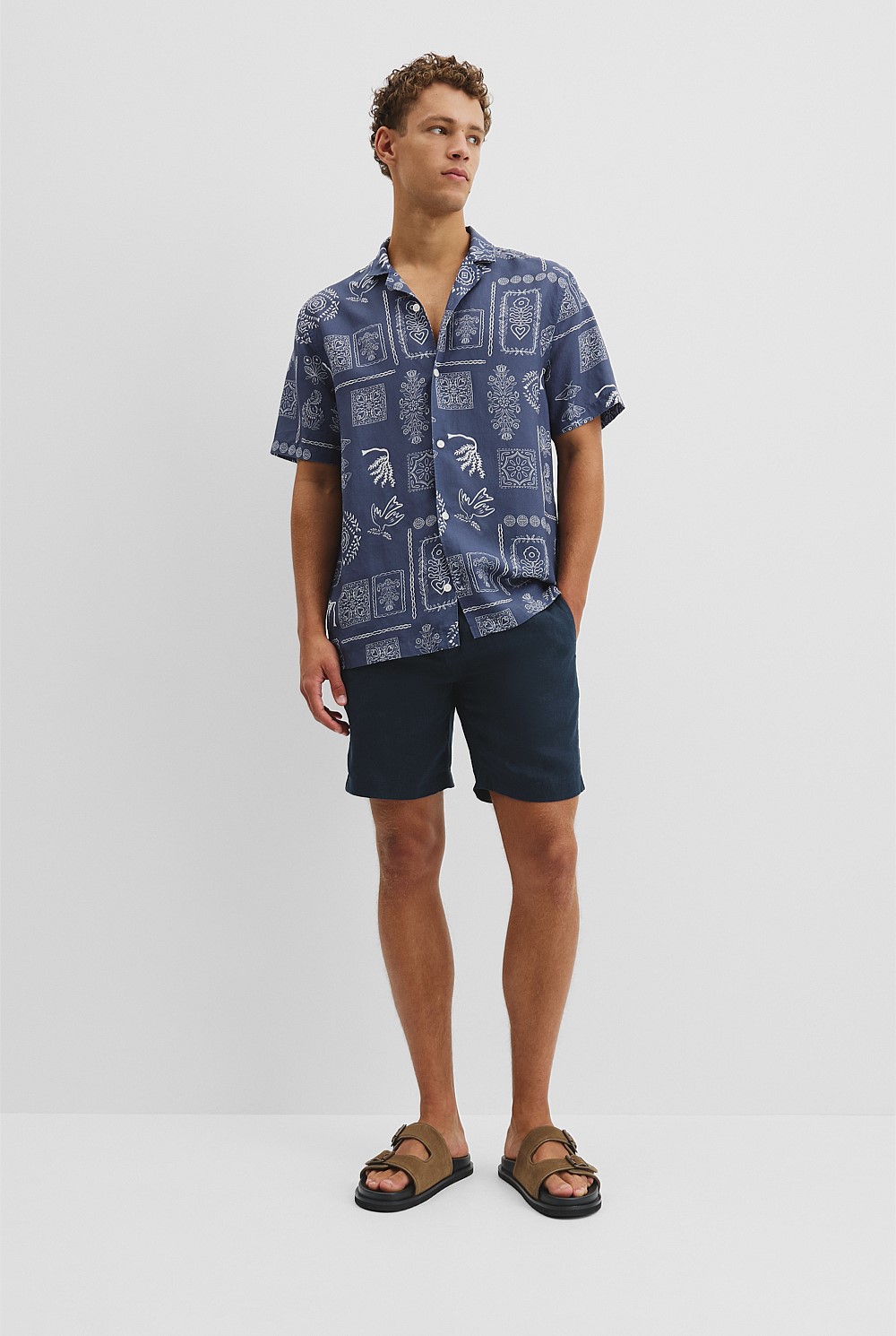 Short Sleeve Tencel Linen Stamp Print Shirt