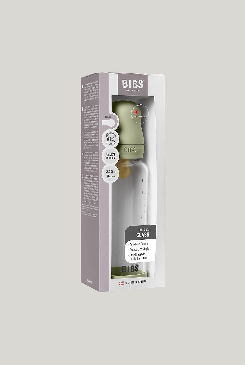 Glass Baby Bottle 240ml Latex - Sage