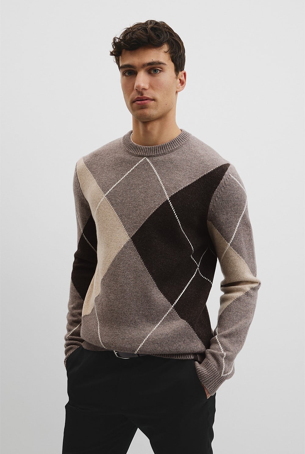 Merino Wool Argyle Crew Neck Knit