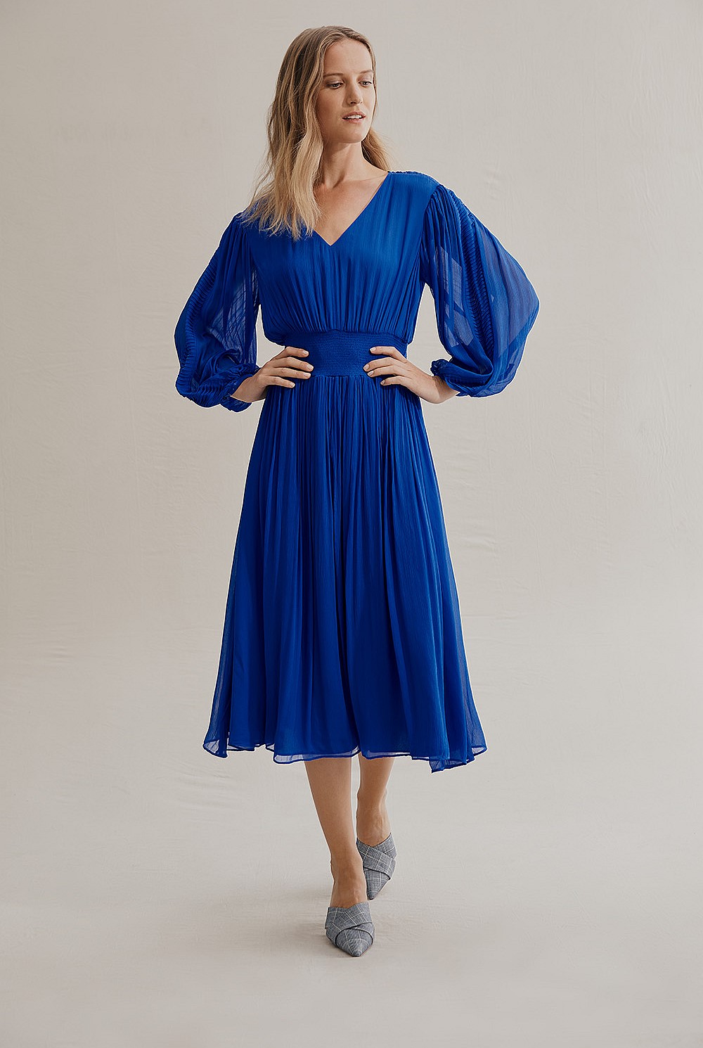 Pleat Sleeve Midi Dress