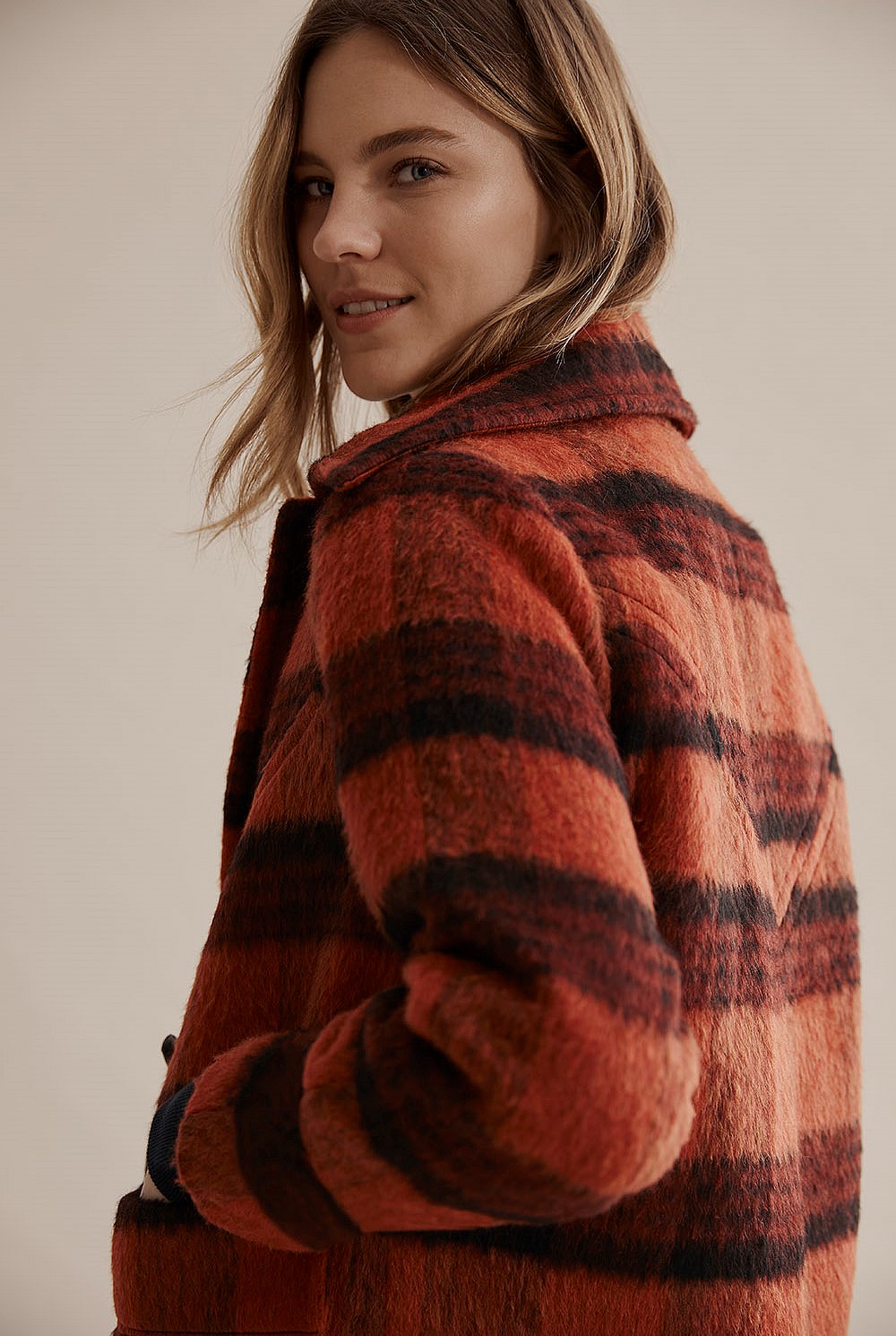 Check Wool Blend Coat