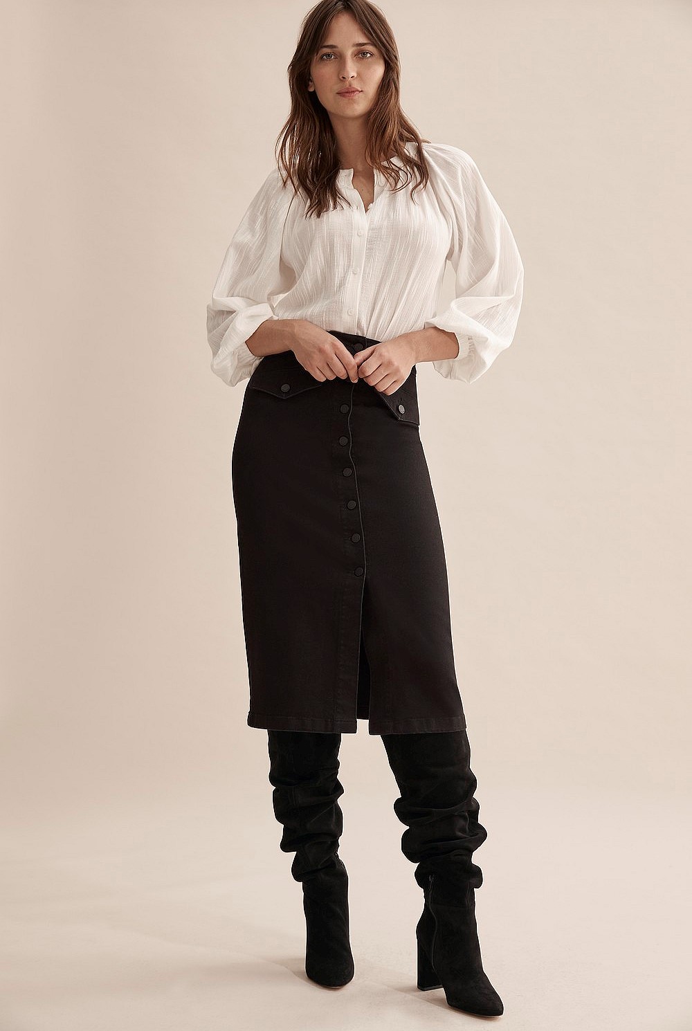 Button Midi Denim Skirt