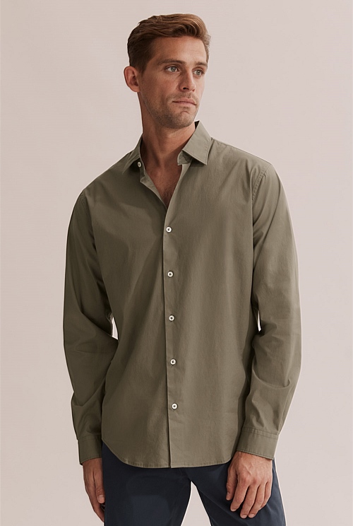 Essentials Slim-Fit Stretch Poplin Shirt met lange mouwen voor heren, lichtblauw oranje geruit, XS