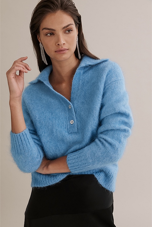 Palace Blue Collared Fluffy Knit - Knitwear | Country Road