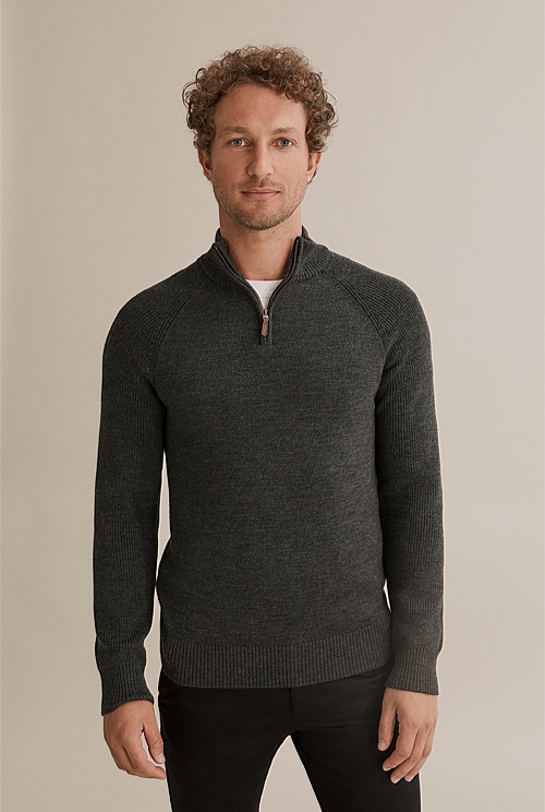 Charcoal Australian Wool Half Zip Knit - Natural Fibres | Country Road