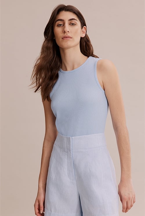 Pale Blue High Neck Rib Tank - T-Shirts & Tops | Country Road