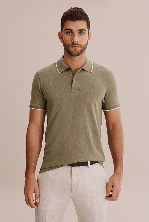 Sage Melange Slim Fit Herringbone Tipped Polo - Polos | Country Road