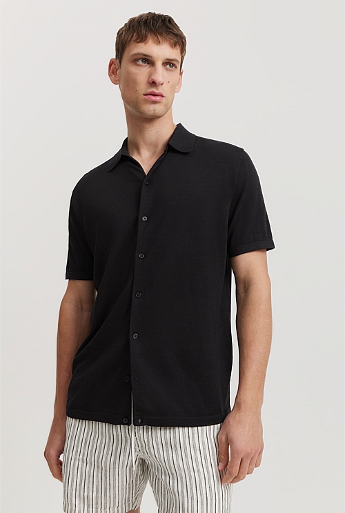 Black Cotton Silk Knit Short Sleeve Shirt - Knitwear | Country Road