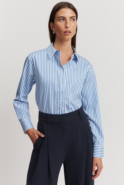 Blue Stripe Australian Cotton Stripe Relaxed Oxford Shirt - Shirts ...