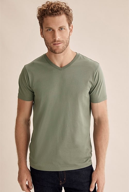 Sage Pima Cotton V Neck T Shirt Natural Fibres Country Road