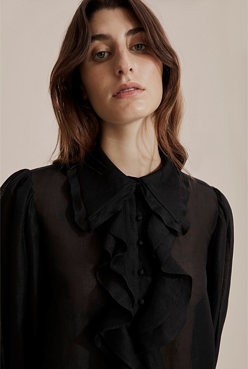 Black Ruffle Placket Blouse - Natural Fibres | Country Road