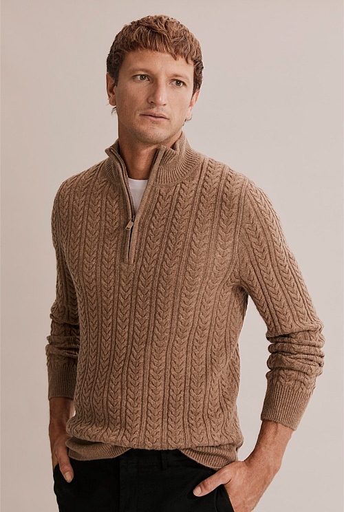 Bark Australian Lambswool Cable Half Zip Knit - Natural Fibres ...