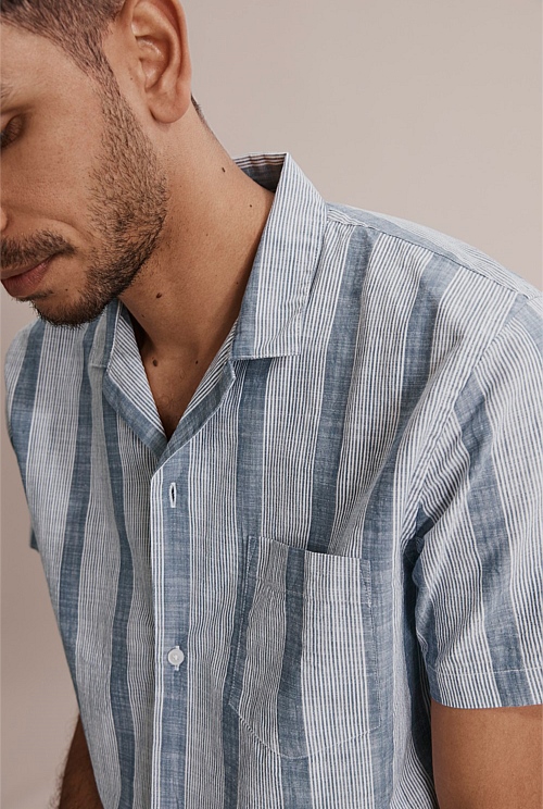 Men's Hawaiian Shirt - Blue & White Stripe Cotton Short Sleeve Beach Shirt