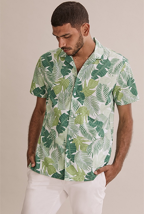 Green Leaf Print Short Balloon Sleeve Shirt main image 1