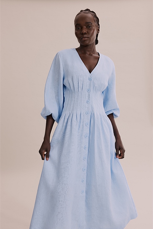 Pale Blue Organically Grown Linen Dart Front Midi Dress - Natural ...