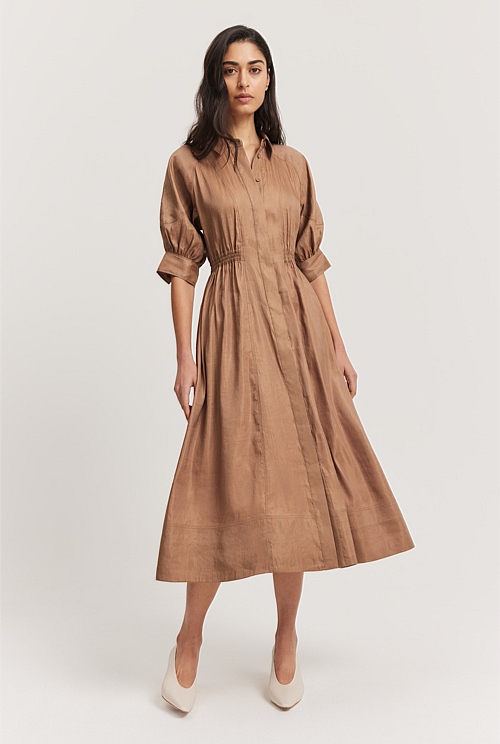 Dark Camel Cinched Shirt Dress - Natural Fibres | Country Road